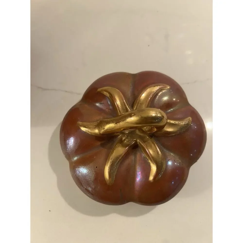 Vtg Fall Pumpkin Canister Orange Lusterware Iridescent Gold Lid Stem Cookie Jar‎